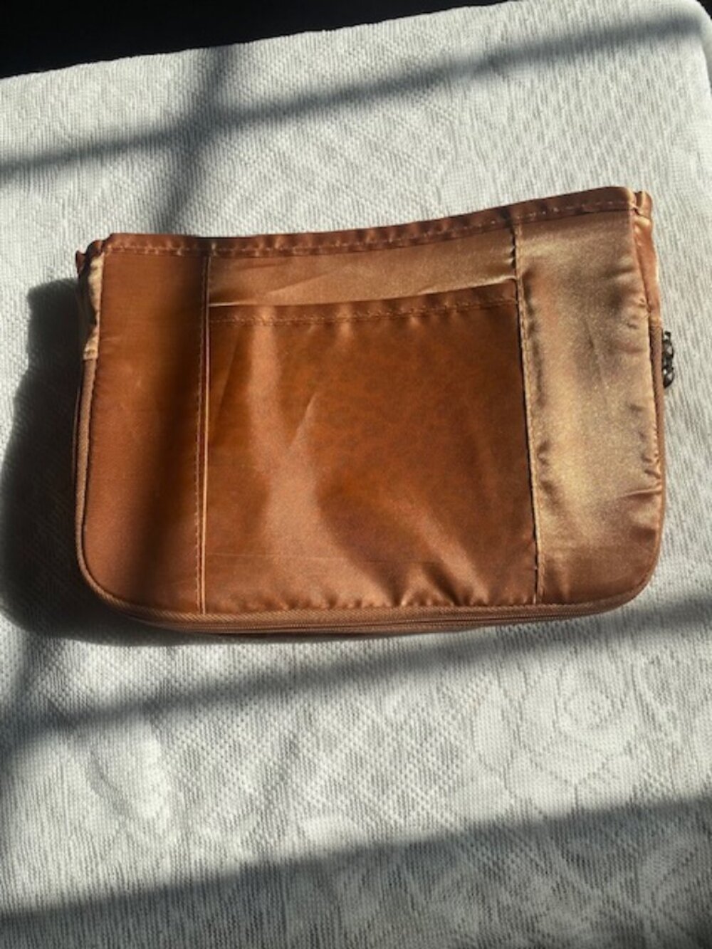 Bronze colored purse insert organizer with animal print lining